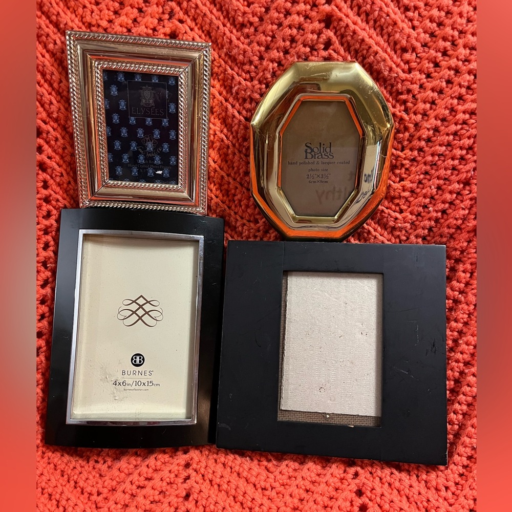 4 odd frames, gold is a 21-2 by 31/2, black & silver 4"by6", square gold 2"by3"
